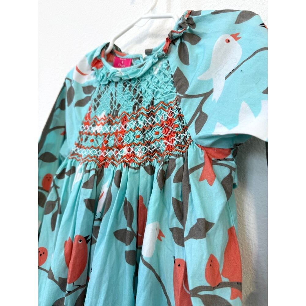 CLAIRE & CHARLIE Bird Print Hand Smocked Dress Aqua Cotton Size 4 Heirloom - Picture 2 of 7